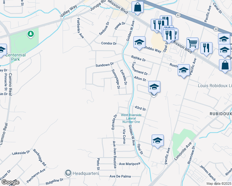 map of restaurants, bars, coffee shops, grocery stores, and more near in Jurupa Valley