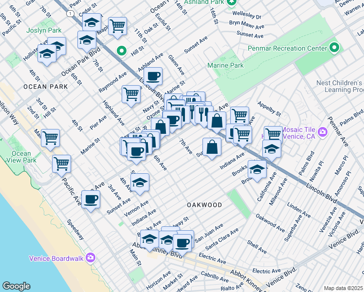 map of restaurants, bars, coffee shops, grocery stores, and more near 652 Flower Avenue in Los Angeles