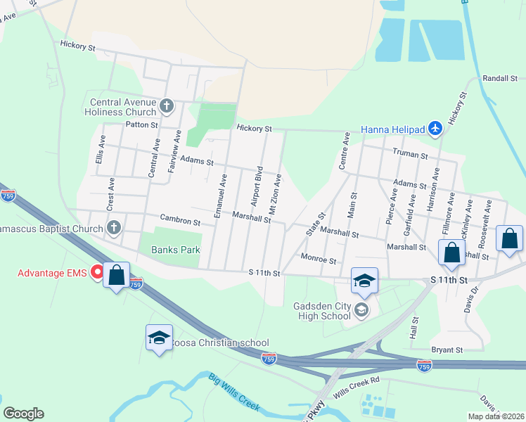 map of restaurants, bars, coffee shops, grocery stores, and more near 1801 Mount Zion Avenue in Gadsden