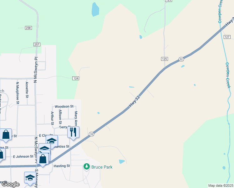 map of restaurants, bars, coffee shops, grocery stores, and more near 155 Mississippi 32 in Bruce
