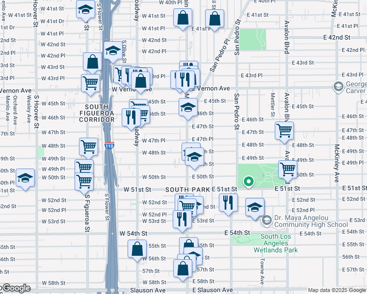 map of restaurants, bars, coffee shops, grocery stores, and more near 124 West 48th Street in Los Angeles