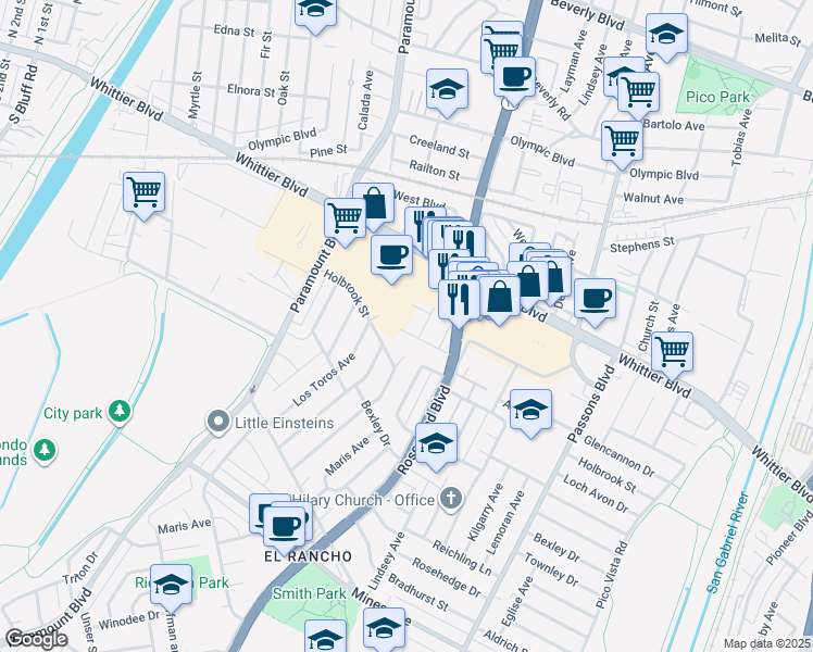 map of restaurants, bars, coffee shops, grocery stores, and more near 8827 Shenandoah Avenue in Pico Rivera
