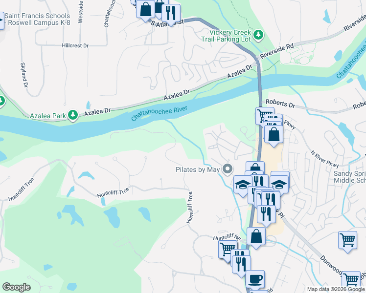 map of restaurants, bars, coffee shops, grocery stores, and more near 8975 River Run in Atlanta