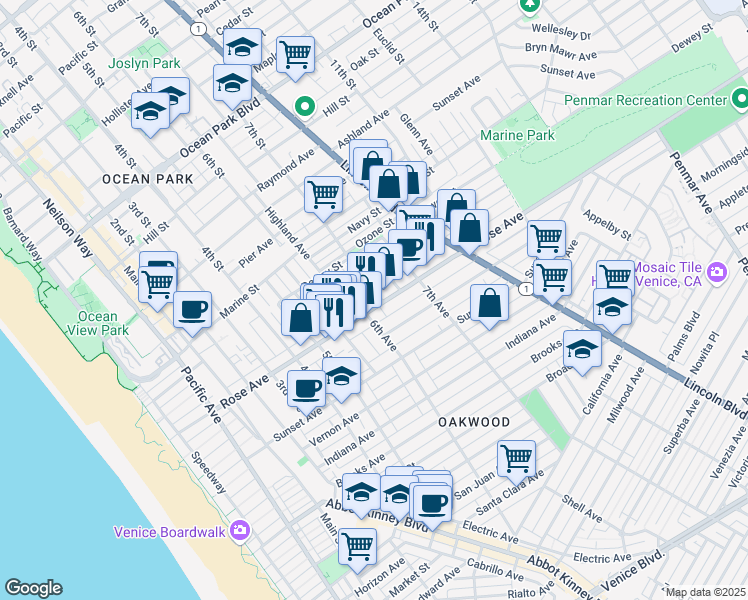map of restaurants, bars, coffee shops, grocery stores, and more near 621 Rose Avenue in Los Angeles