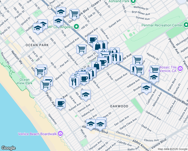 map of restaurants, bars, coffee shops, grocery stores, and more near 621 Rose Avenue in Los Angeles