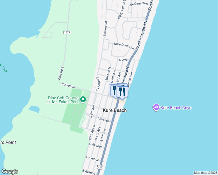 map of restaurants, bars, coffee shops, grocery stores, and more near 404 K Avenue in Kure Beach