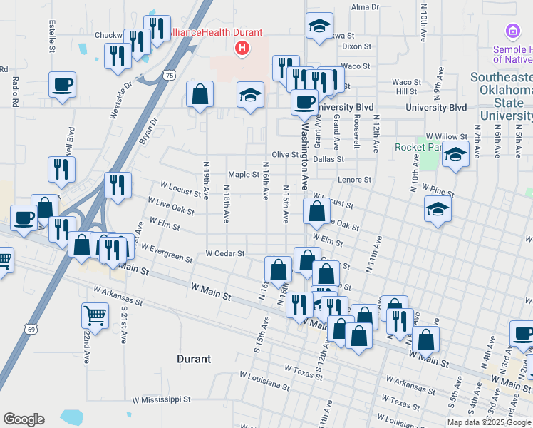 map of restaurants, bars, coffee shops, grocery stores, and more near 601 North 16th Avenue in Durant