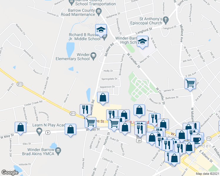 map of restaurants, bars, coffee shops, grocery stores, and more near 289 Courtyard Circle in Winder