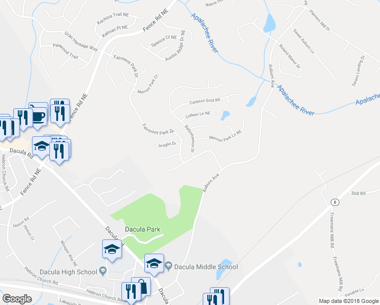 map of restaurants, bars, coffee shops, grocery stores, and more near 210 Ballyshnnon Drive in Dacula