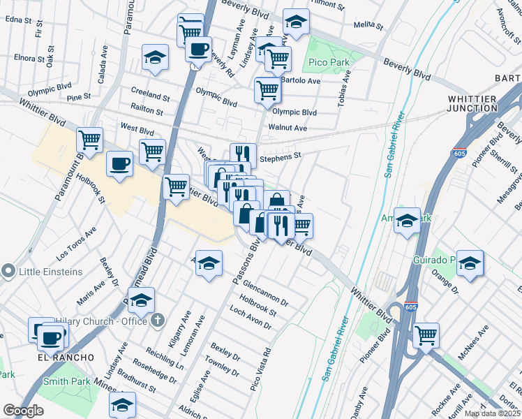 map of restaurants, bars, coffee shops, grocery stores, and more near in Pico Rivera