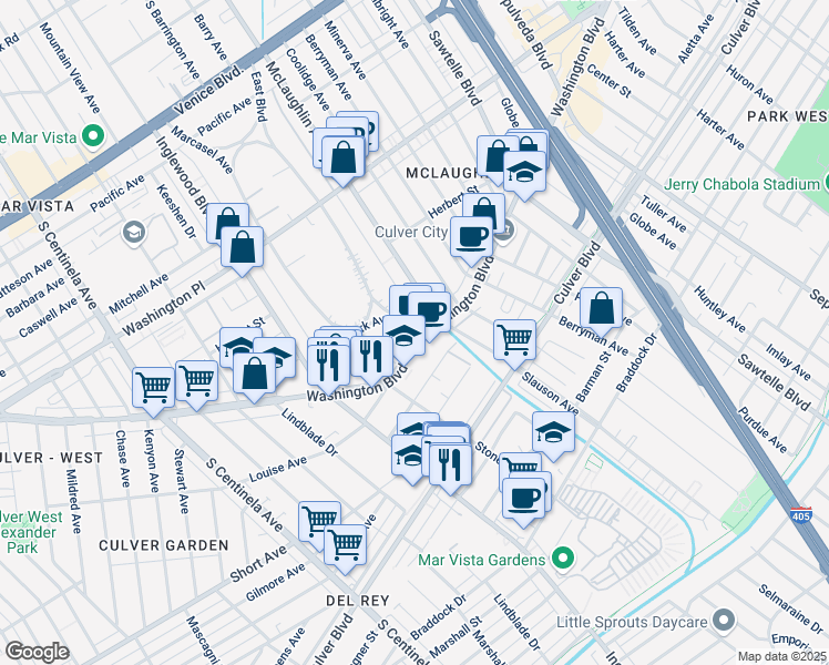 map of restaurants, bars, coffee shops, grocery stores, and more near 11791 Washington Boulevard in Los Angeles