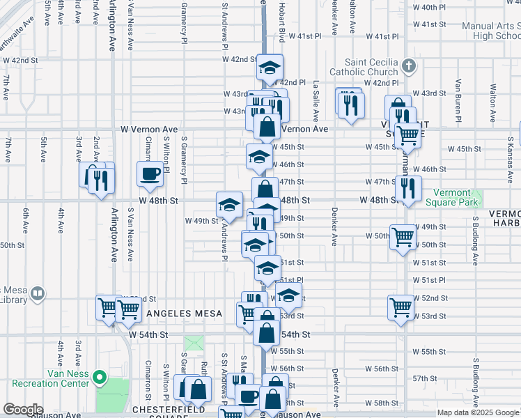 map of restaurants, bars, coffee shops, grocery stores, and more near 4813 South Western Avenue in Los Angeles