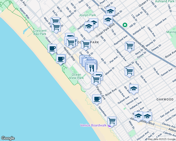 map of restaurants, bars, coffee shops, grocery stores, and more near 2826 Main Street in Santa Monica