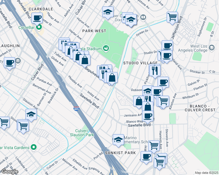 map of restaurants, bars, coffee shops, grocery stores, and more near 4929 Sepulveda Boulevard in Los Angeles