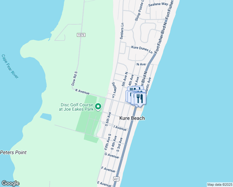 map of restaurants, bars, coffee shops, grocery stores, and more near 114 Settlers Lane in Kure Beach