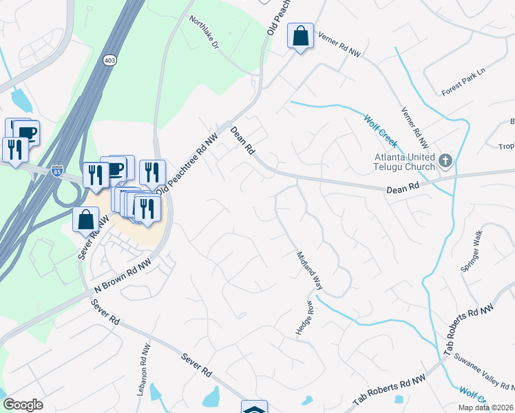 map of restaurants, bars, coffee shops, grocery stores, and more near 1217 Camden Hunt Drive in Lawrenceville