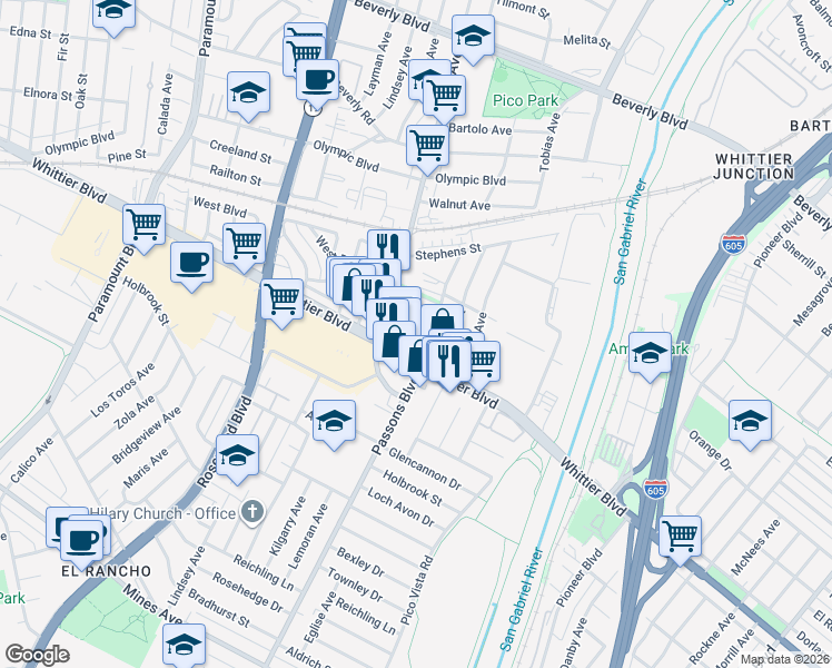 map of restaurants, bars, coffee shops, grocery stores, and more near in Pico Rivera