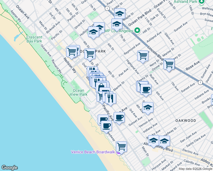 map of restaurants, bars, coffee shops, grocery stores, and more near 3002 3rd Street in Santa Monica