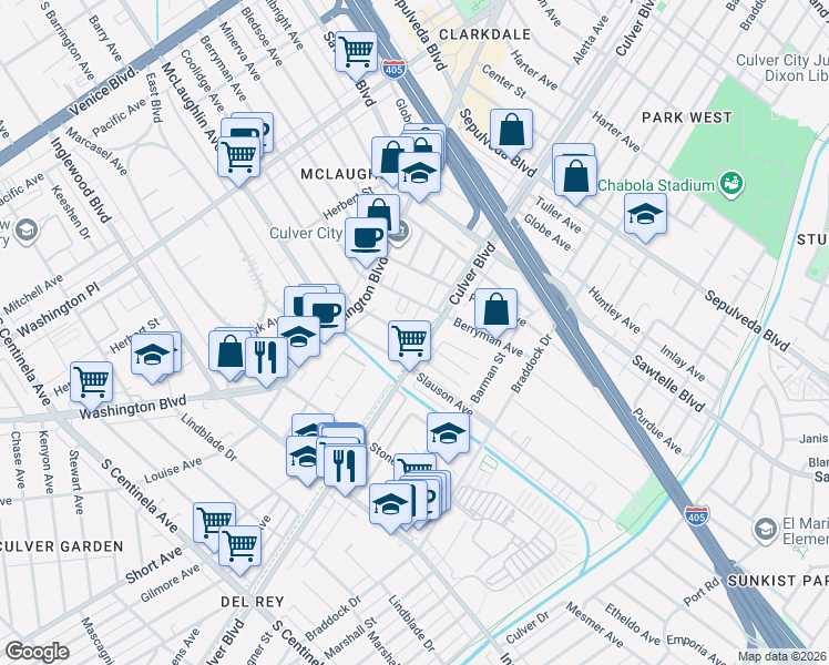 map of restaurants, bars, coffee shops, grocery stores, and more near 11612 Culver Boulevard in Los Angeles