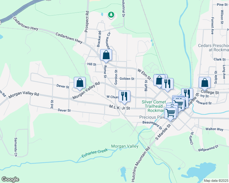 map of restaurants, bars, coffee shops, grocery stores, and more near 319 Gordon Street in Rockmart