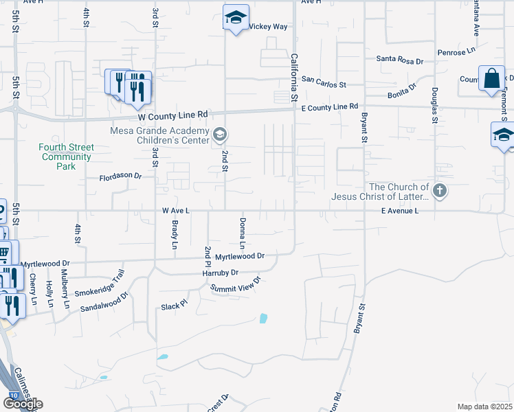 map of restaurants, bars, coffee shops, grocery stores, and more near 150 West Avenue L in Calimesa