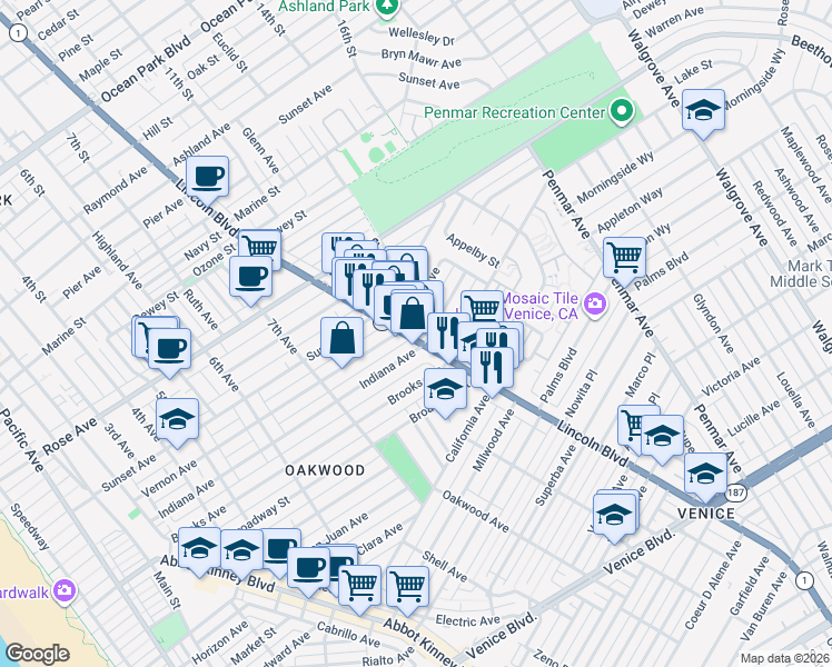 map of restaurants, bars, coffee shops, grocery stores, and more near 707 Lincoln Boulevard in Los Angeles