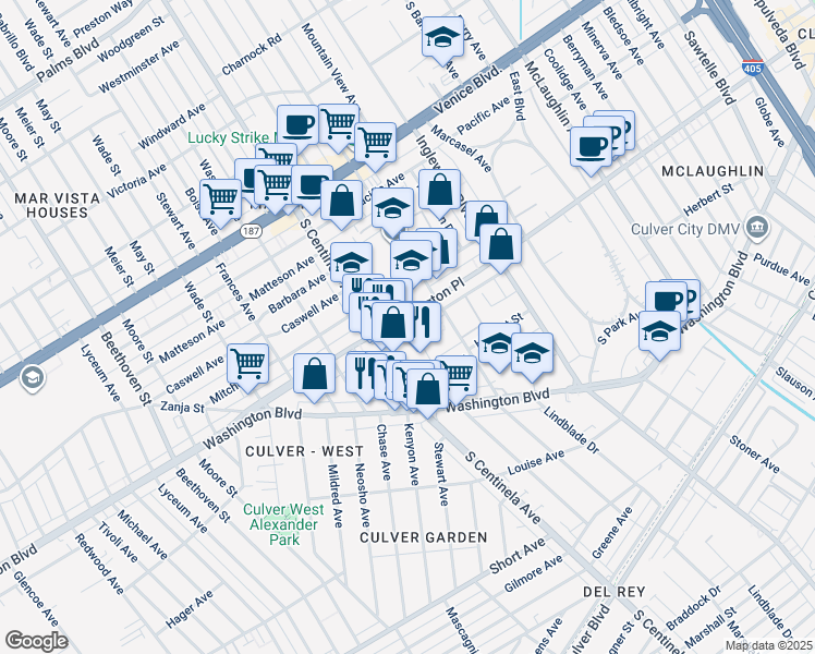 map of restaurants, bars, coffee shops, grocery stores, and more near in Culver City