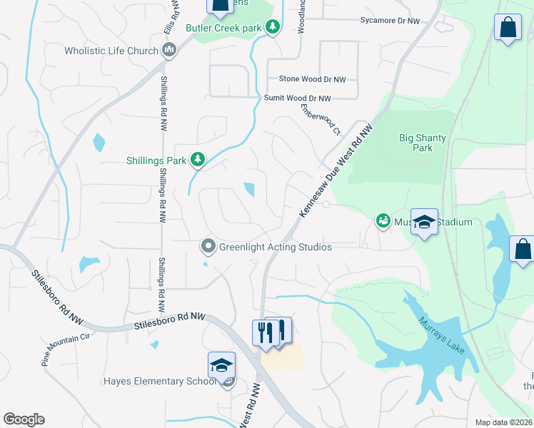 map of restaurants, bars, coffee shops, grocery stores, and more near 1852 Westover Lane in Kennesaw