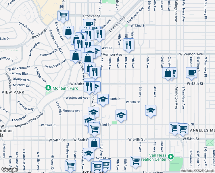 map of restaurants, bars, coffee shops, grocery stores, and more near 4832 11th Avenue in Los Angeles
