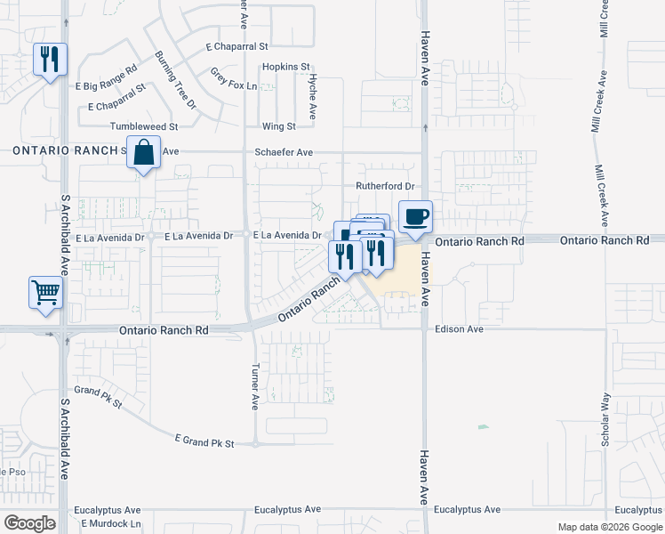 map of restaurants, bars, coffee shops, grocery stores, and more near 3290 East Yountville Drive in Ontario
