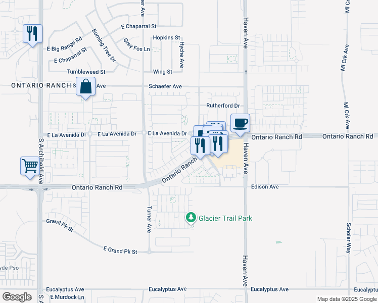 map of restaurants, bars, coffee shops, grocery stores, and more near 3250 East Yountville Drive in Ontario