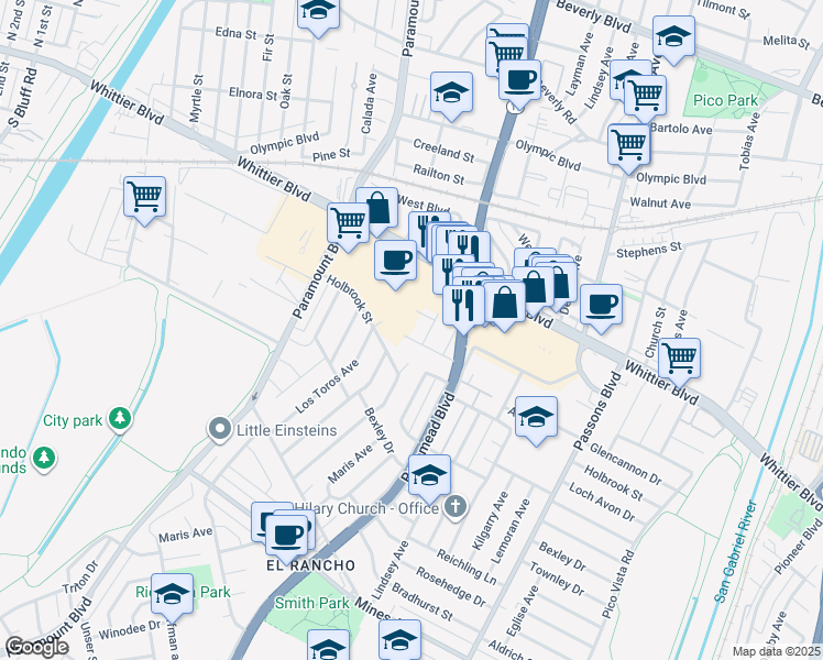 map of restaurants, bars, coffee shops, grocery stores, and more near 8827 Shenandoah Avenue in Pico Rivera