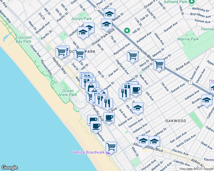 map of restaurants, bars, coffee shops, grocery stores, and more near 323 Marine Street in Santa Monica