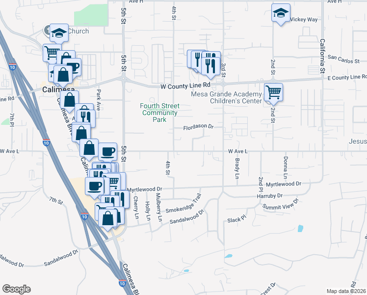 map of restaurants, bars, coffee shops, grocery stores, and more near 380 West Avenue L in Calimesa