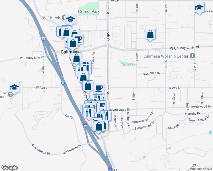 map of restaurants, bars, coffee shops, grocery stores, and more near 515 West Avenue L in Calimesa