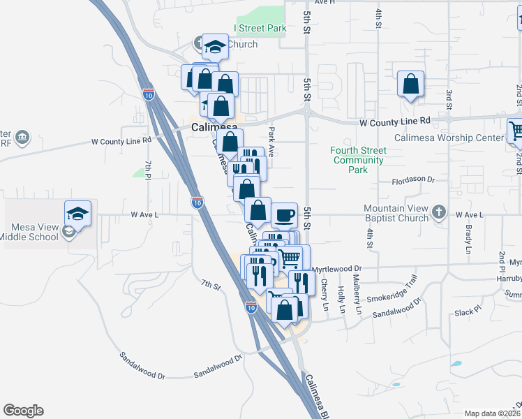 map of restaurants, bars, coffee shops, grocery stores, and more near 547 West Avenue L in Calimesa