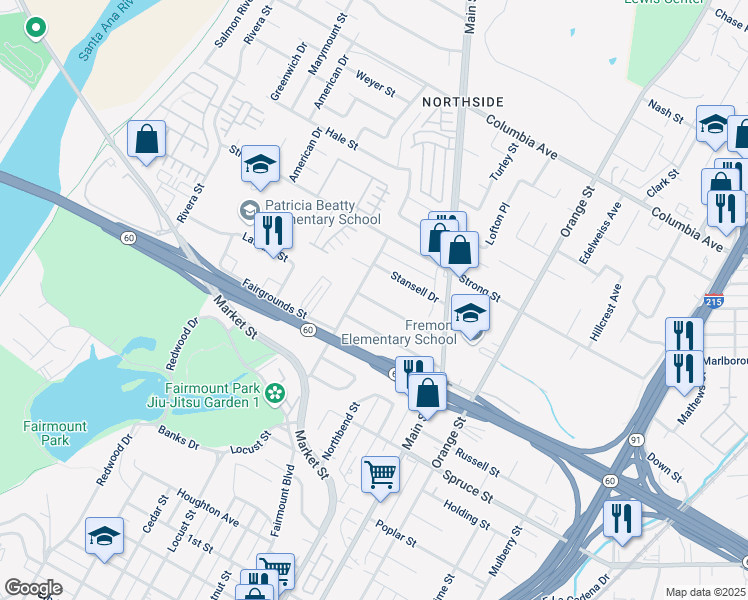 map of restaurants, bars, coffee shops, grocery stores, and more near in Riverside