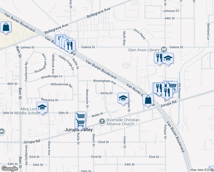map of restaurants, bars, coffee shops, grocery stores, and more near 9557 Derby Drive in Riverside