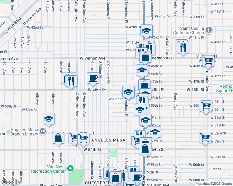 map of restaurants, bars, coffee shops, grocery stores, and more near 1832 West 49th Street in Los Angeles