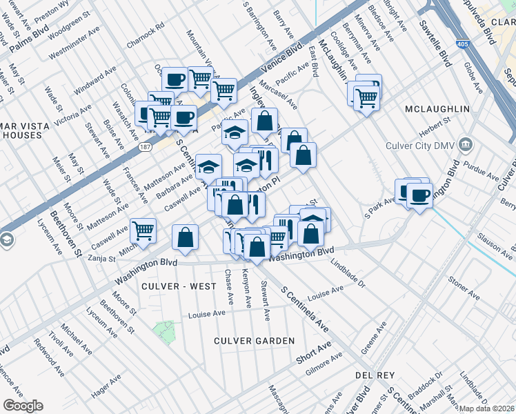 map of restaurants, bars, coffee shops, grocery stores, and more near 4061 Grand View Boulevard in Los Angeles