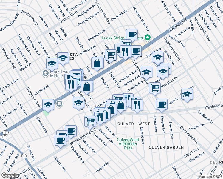 map of restaurants, bars, coffee shops, grocery stores, and more near 12720 Matteson Avenue in Los Angeles