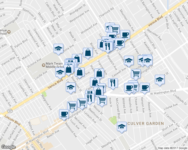 map of restaurants, bars, coffee shops, grocery stores, and more near 12720 Matteson Avenue in Los Angeles