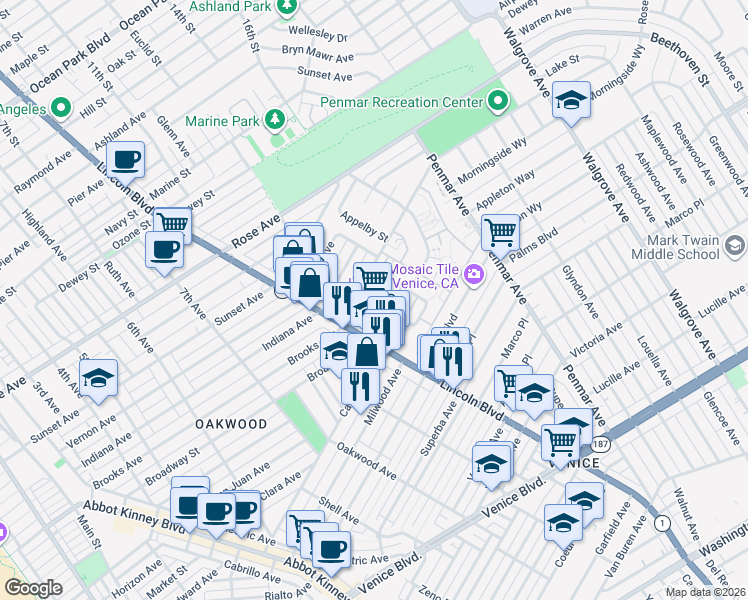 map of restaurants, bars, coffee shops, grocery stores, and more near 910 Lincoln Boulevard in Los Angeles