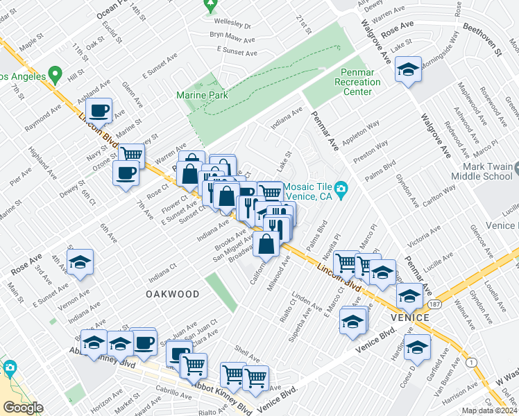 map of restaurants, bars, coffee shops, grocery stores, and more near 838 Lincoln Boulevard in Los Angeles