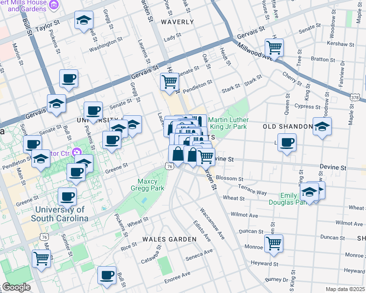 map of restaurants, bars, coffee shops, grocery stores, and more near 709 Saluda Avenue in Columbia