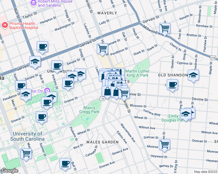 map of restaurants, bars, coffee shops, grocery stores, and more near 709 Saluda Avenue in Columbia