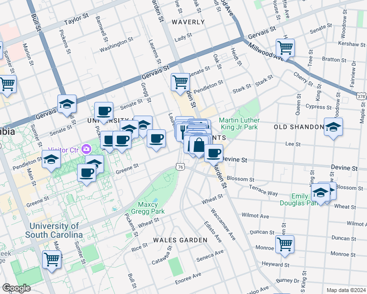 map of restaurants, bars, coffee shops, grocery stores, and more near 709 Saluda Avenue in Columbia