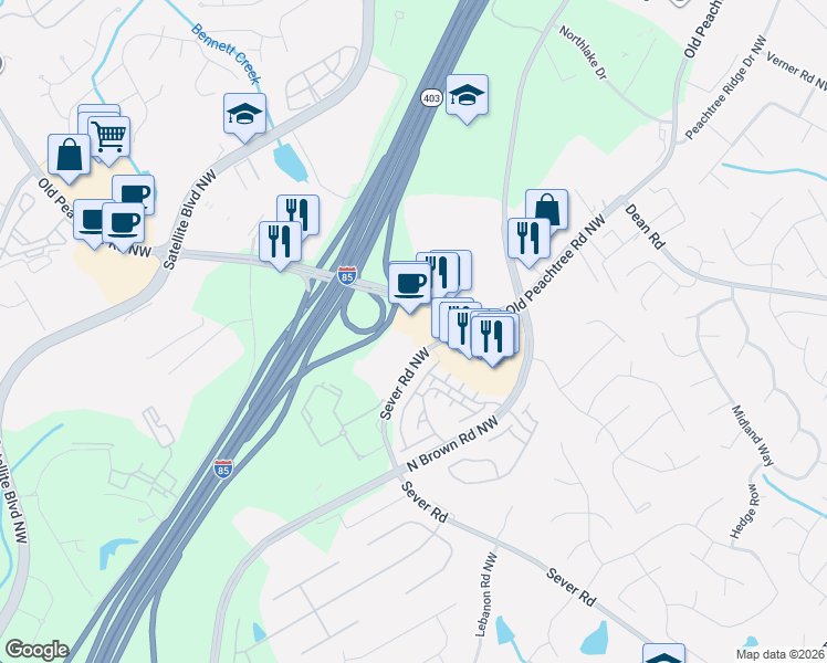 map of restaurants, bars, coffee shops, grocery stores, and more near 2352-2398 Sever Road Northwest in Lawrenceville