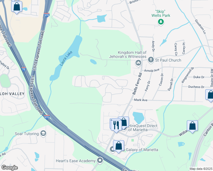 map of restaurants, bars, coffee shops, grocery stores, and more near Riders Tr Northeast in Marietta