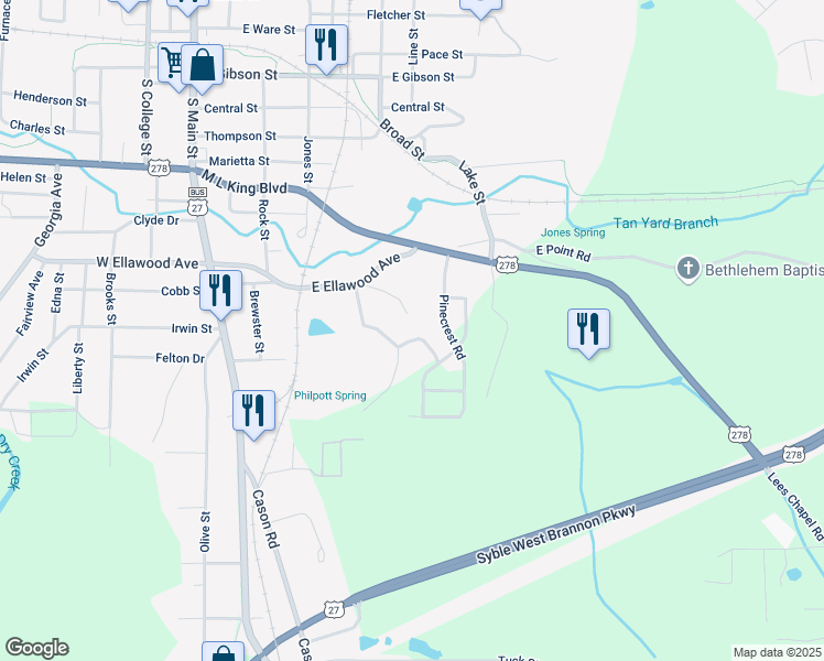 map of restaurants, bars, coffee shops, grocery stores, and more near 106 Hill Street in Cedartown